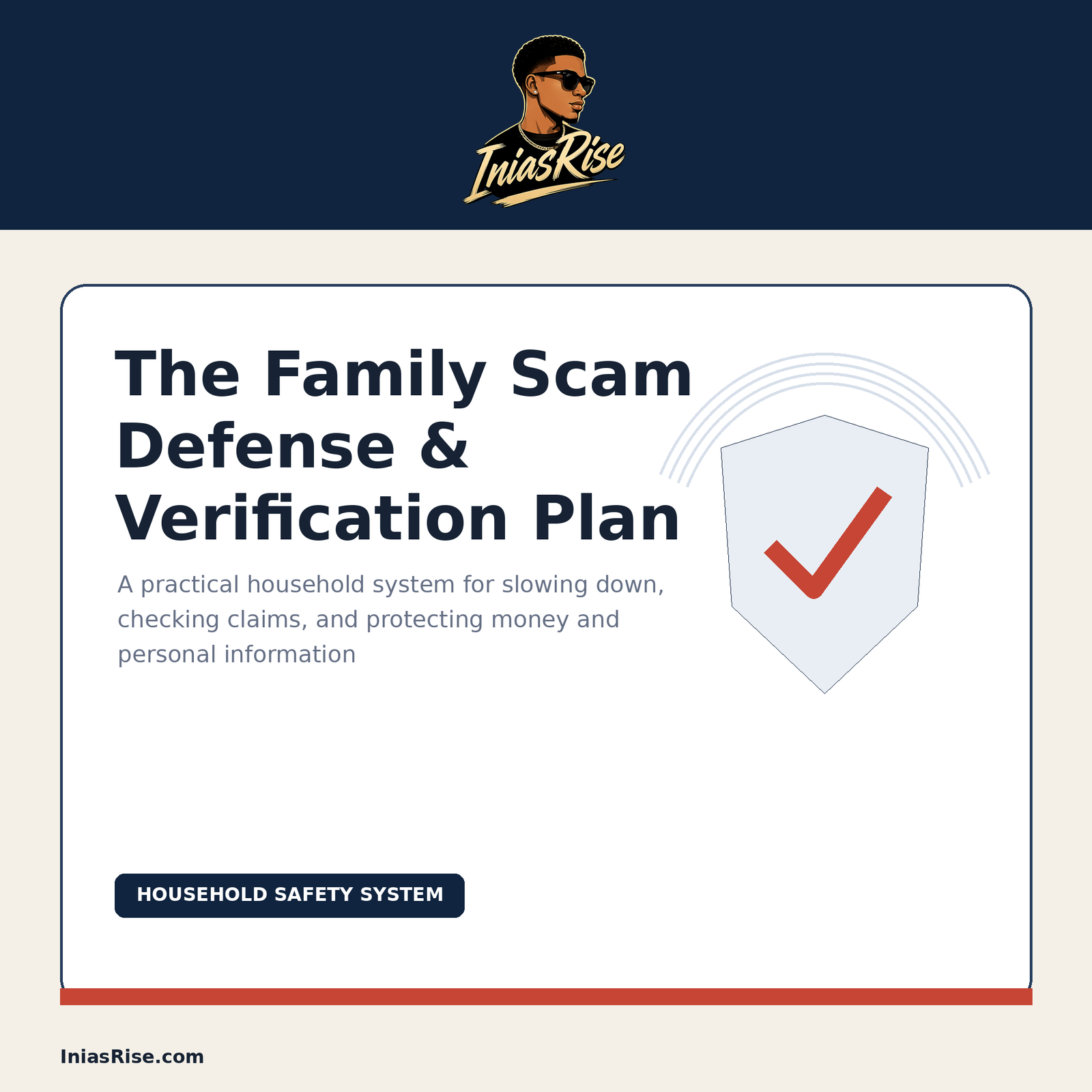 Navy, cream, and red cover for The Family Scam Defense and Verification Plan by Inias Rise