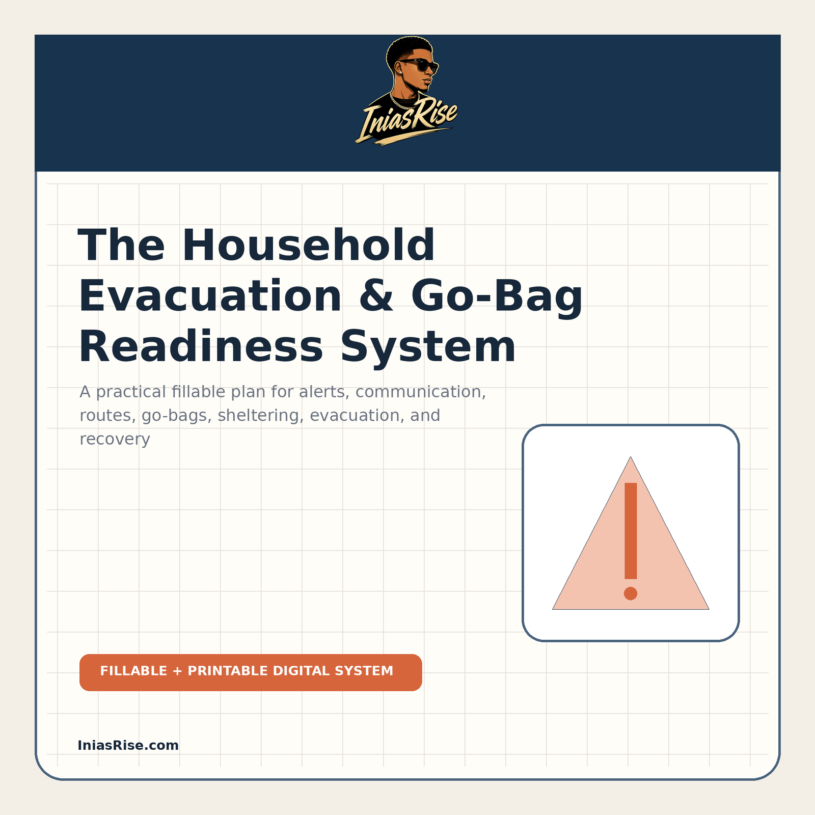 Navy, cream, and orange cover for The Household Evacuation and Go-Bag Readiness System by Inias Rise