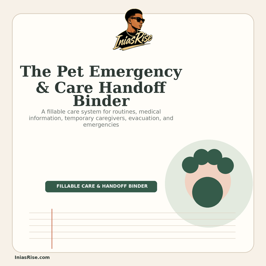 Warm cream, green, and terracotta cover for The Pet Emergency and Care Handoff Binder by Inias Rise