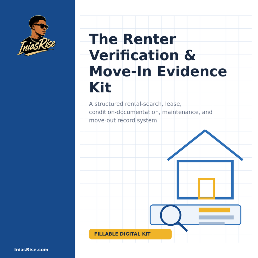 Cobalt blue, white, and yellow cover for The Renter Verification and Move-In Evidence Kit by Inias Rise